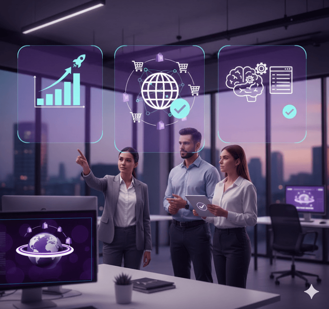 Business professionals with holographic display showing data visualizations and ecommerce metrics